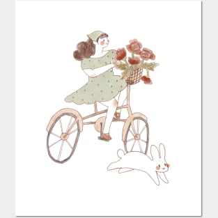 Cycling Girl with bunny and flowers Posters and Art